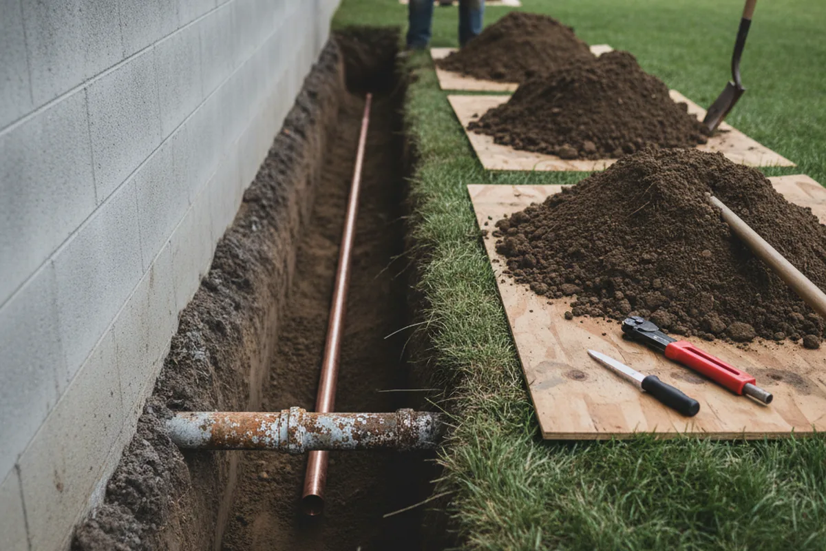 Excavated water line trench during Water Softener Installation in Travis Afb
